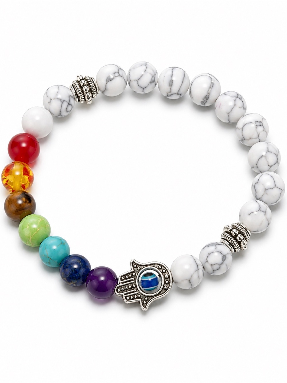 🪬White Howlite Chakra Bead Bracelet with Hamsa Charm #71🧿🪬